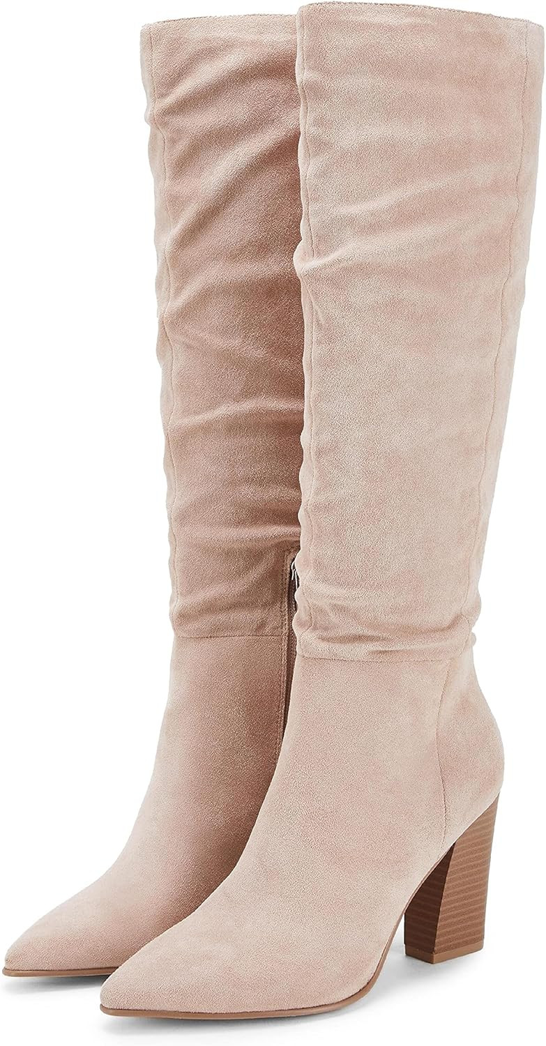 PiePieBuy Womens Faux Suede Knee High Boots Pointed Toe High Chunky Heel Side Zipper Booties | Amazon (US)
