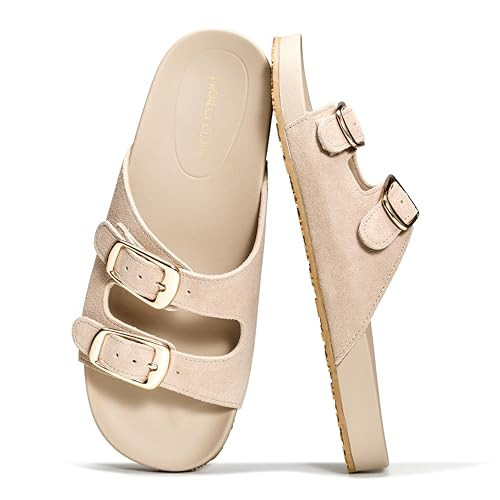 Project Cloud 100% Genuine Leather Womens Sandals Comfortable Plush & Soft Insole Sandals Women - Non-Slip Flat Sandals for Women 2026 - Lightweight Womens Slides (DAINTY, BEIGESUEDE,8.5M) | Amazon (US)