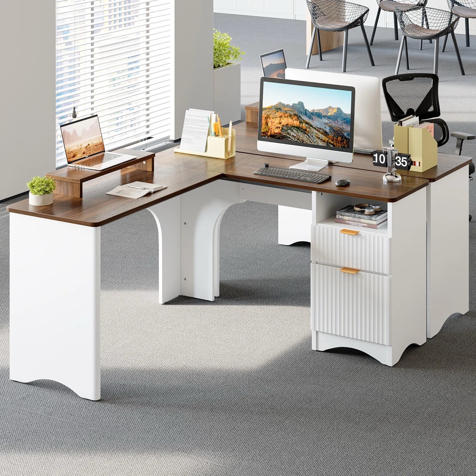 Complete your home office with a brand new 55'' L Shaped Executive Computer Desk with File&Storage Drawers,Home Office Writing Desk with Monitor Stand and Open Compartments. ON SALE and under $250.

Keywords: Home office, computer desk, writing desk, computer desk with drawers, L-shaped desk, L-shaped writing desk, L-shaped desk with drawers, remote work, home writing desk, home office computer desk, home office desk #LTKSpringSale 

#LTKSaleAlert #LTKHome