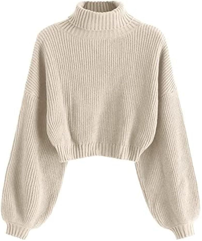 ZAFUL Women's Crew Neck Long Sleeve Pullover Crop Sweater Mock Neck Lantern Sleeve Ribbed Knit Ju... | Amazon (US)