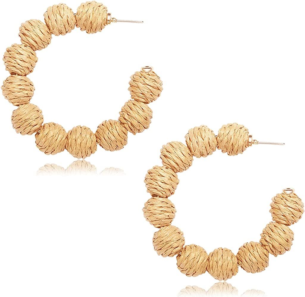 Rattan Earrings Handmade Rattan Ball Hoop Earrings for Women Retro Woven Straw Wicker Earrings Big G | Amazon (US)