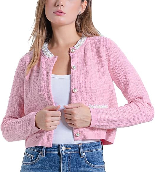 Womens Cropped Cardigan Sweaters Open Front Casual Long Sleeve Knit Pearl Button Down Crew Neck J... | Amazon (US)