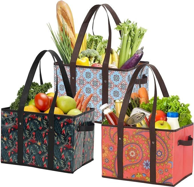 Foraineam Reusable Grocery Bags 3 Pattern Assorted Durable Heavy Duty Grocery Totes Bag Collapsib... | Amazon (US)