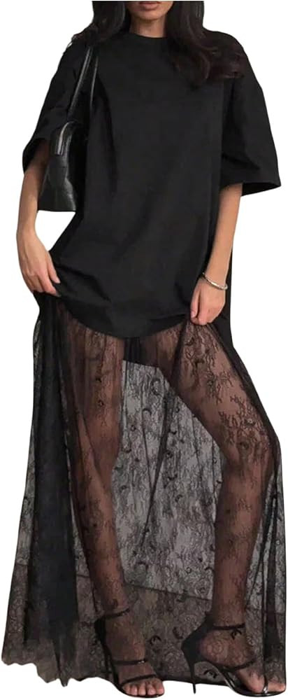 MakeMeChic Women's Lace T Shirt Dress Half Sleeve Loose Evening Party Maxi Dresses | Amazon (US)