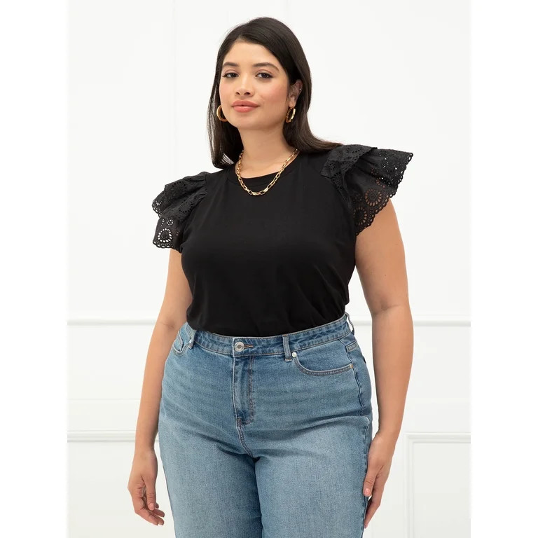 ELOQUII Elements Women's Plus Size Eyelet Sleeve T-Shirt | Walmart (US)