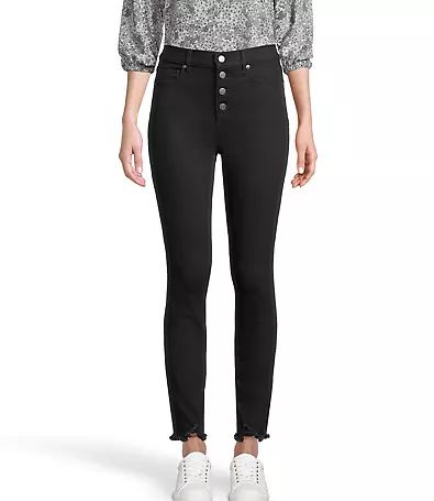 Loft Curvy High Rise Button Front Skinny Ankle Jeans in Black | LOFT Outlet