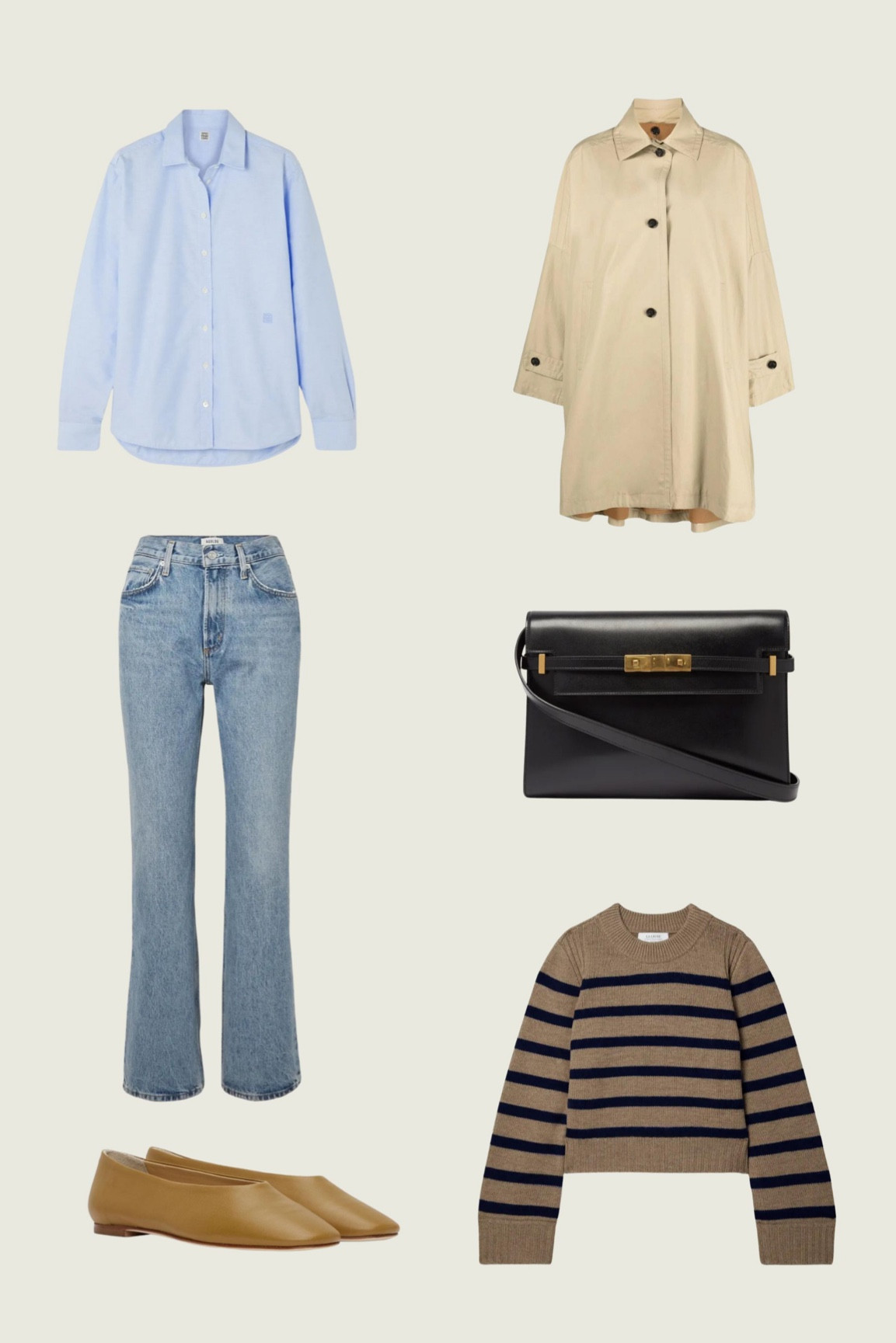 YSL black bag minimalist oversized button down with trench and striped la linge sweater  