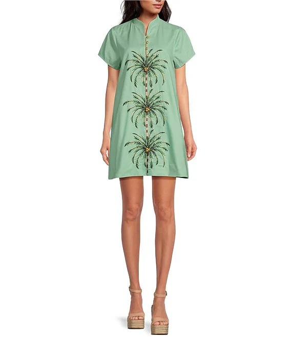 Rowen Linen Blend Mandarin Collar Short Sleeve Embroidered Button Front Mini Shift Dress | Dillard's