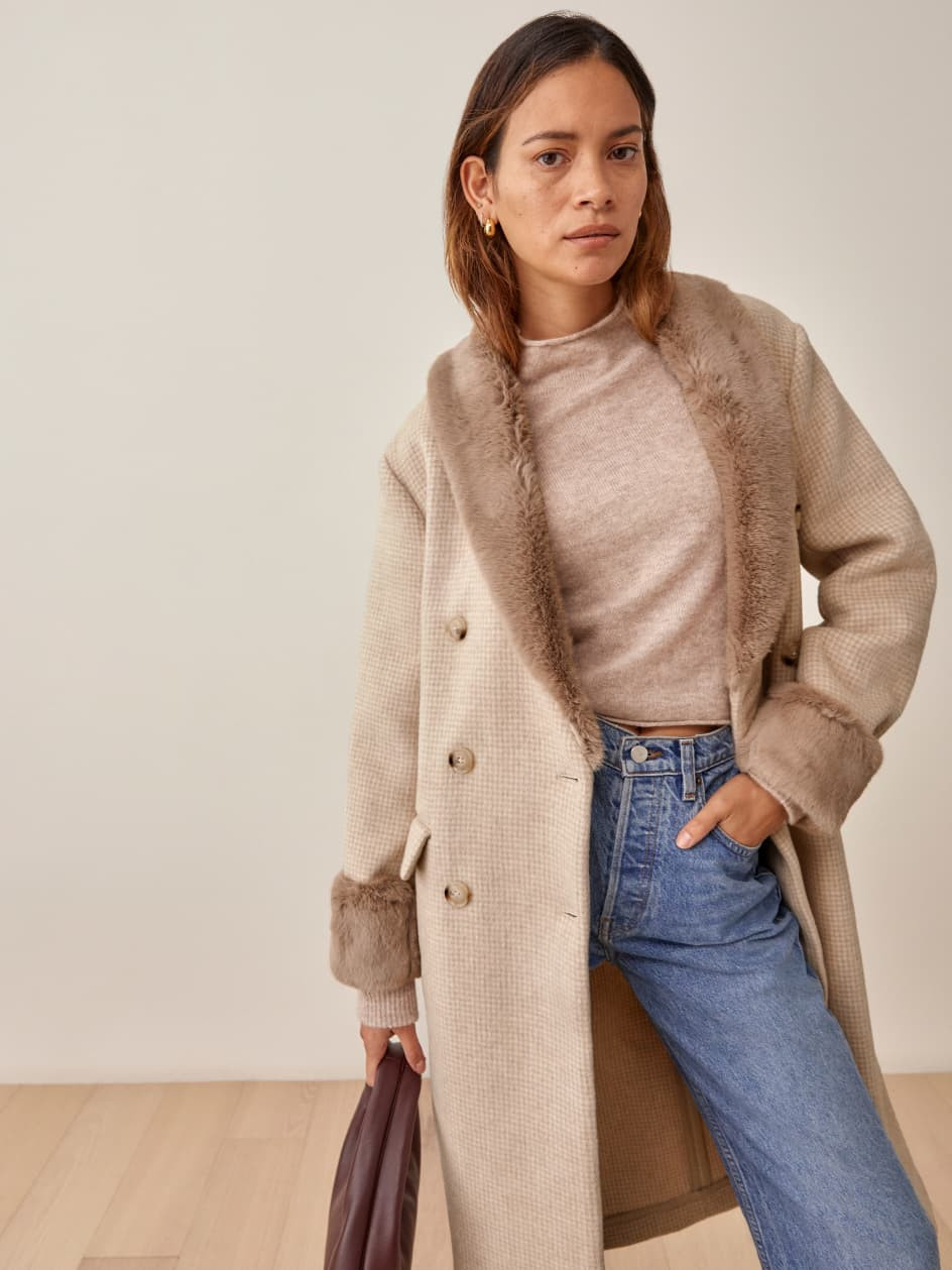 Lester Faux Fur Trim Coat, winter outfit, winter coat, winter outfit women | Reformation (Global)