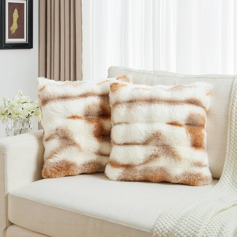 FUTEI Brown White Decorative Throw Pillow Covers 22x22 Inch Set of 2,Soft Fuzzy Faux Rabbit Fur C... | Amazon (US)