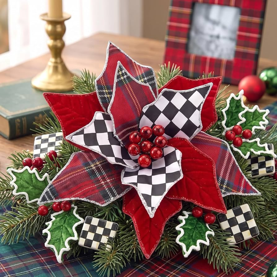 XunYee 12 Pieces Christmas Poinsettia Flower Picks 7.87 Inch Buffalo Plaid Checkered Black Red Be... | Amazon (US)