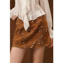 Paisley Embroidery Faux Suede Mini Bud Skirt in Caramel for Countryside Trips & Music Festivals | Chicwish