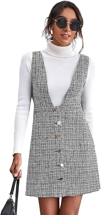 Amazon.com: Floerns Women's V Neck Sleeveless Corduroy Button Pinafore Overall Mini Dress : Cloth... | Amazon (US)
