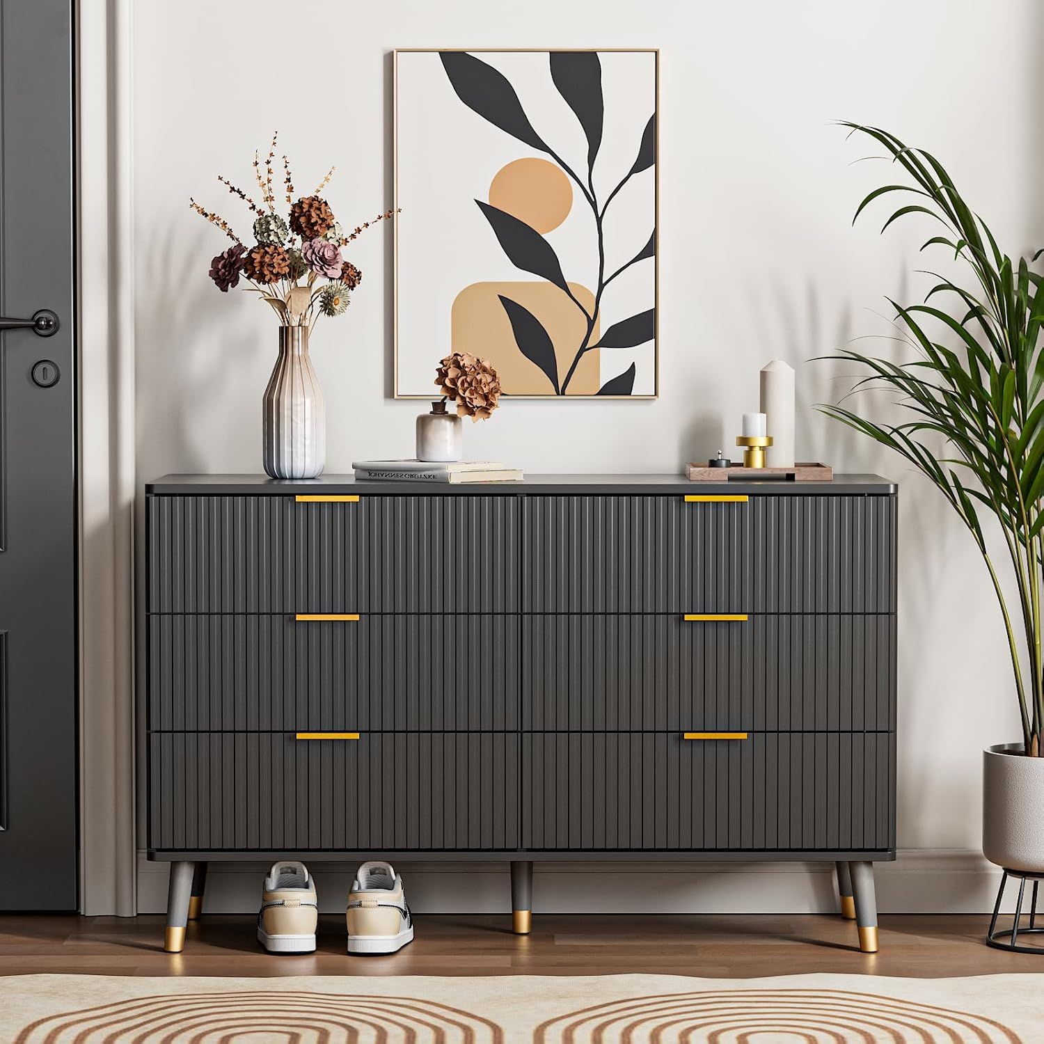 Black Dresser, Fluted Black and Gold Dresser for Bedroom with Curved Profile Design, Modern 6 Dra... | Amazon (US)