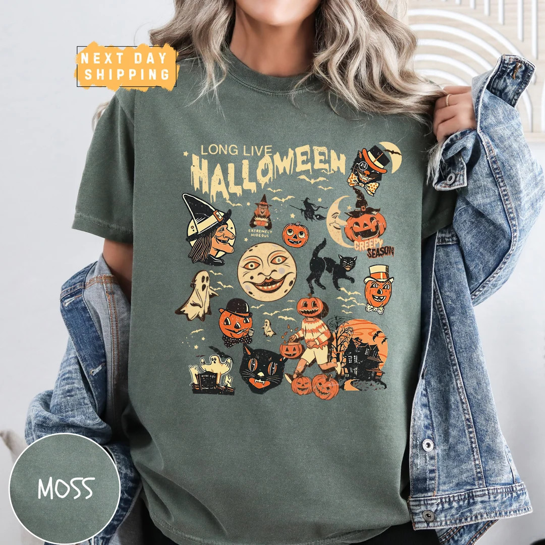Retro Long Live Halloween Comfort Colors Shirt, Vintage Witch Black Cat shirt, Retro Halloween, F... | Etsy (US)