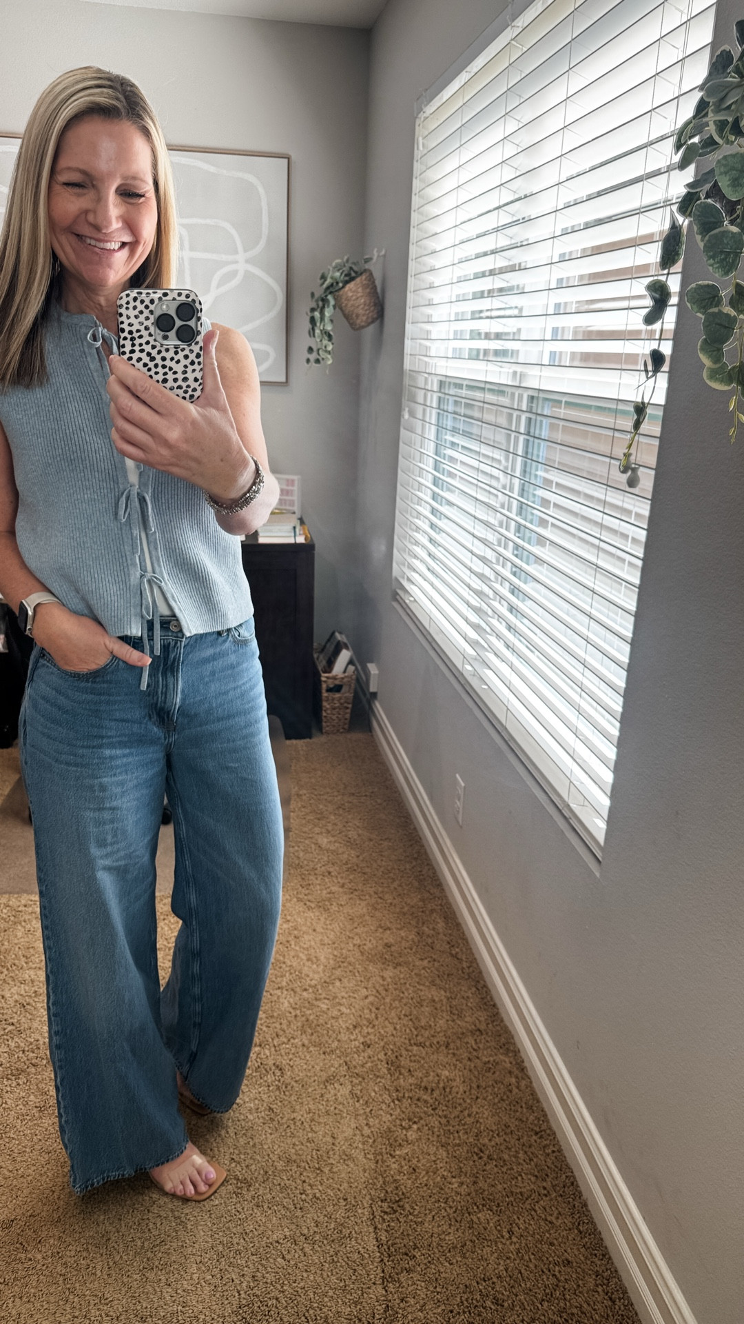 Tuesday work from home outfit in my Abercrombie wide leg jeans and tie-front vest that is no longer available but I linked an almost identical option. 

My clear sandal heels are Target from a couple years ago but they are back this year in an almost identical style. 

#LTKWorkwear #LTKOver40 #LTKootd