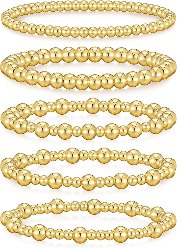 shownii Gold Bracelets for Women, 14K Gold Beaded Bracelets Stretchy Gold Ball Bracelets Stack fo... | Amazon (US)