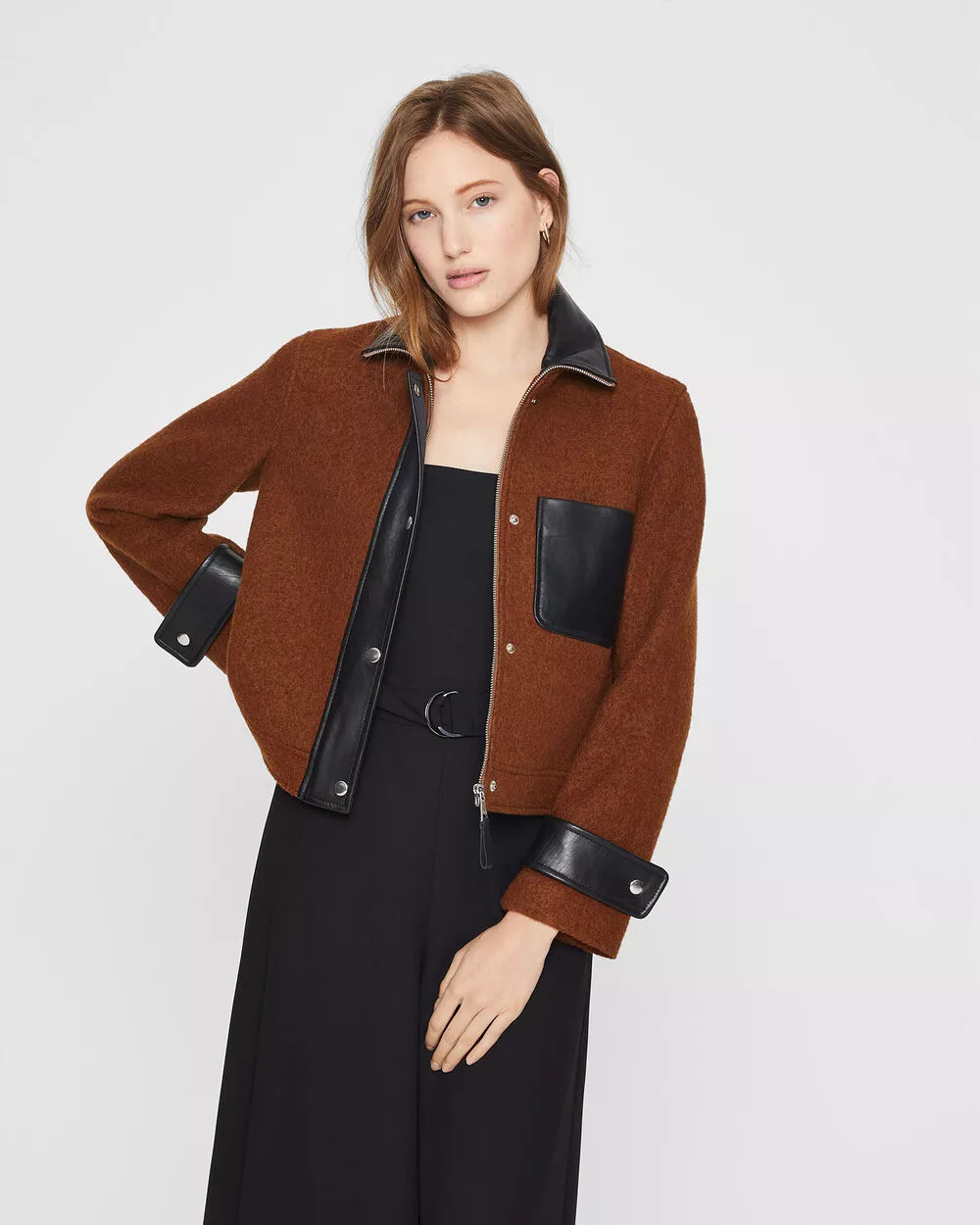 Cropped Leather Combo Jacket by Club Monaco for $69