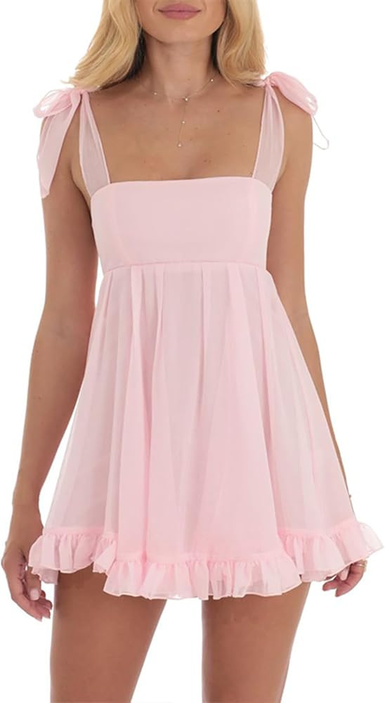 SOLILOQUY Women Y2K Backless Babydoll Mini Dress Casual Summer Tie Back Ruffled A-Line Party Dres... | Amazon (US)
