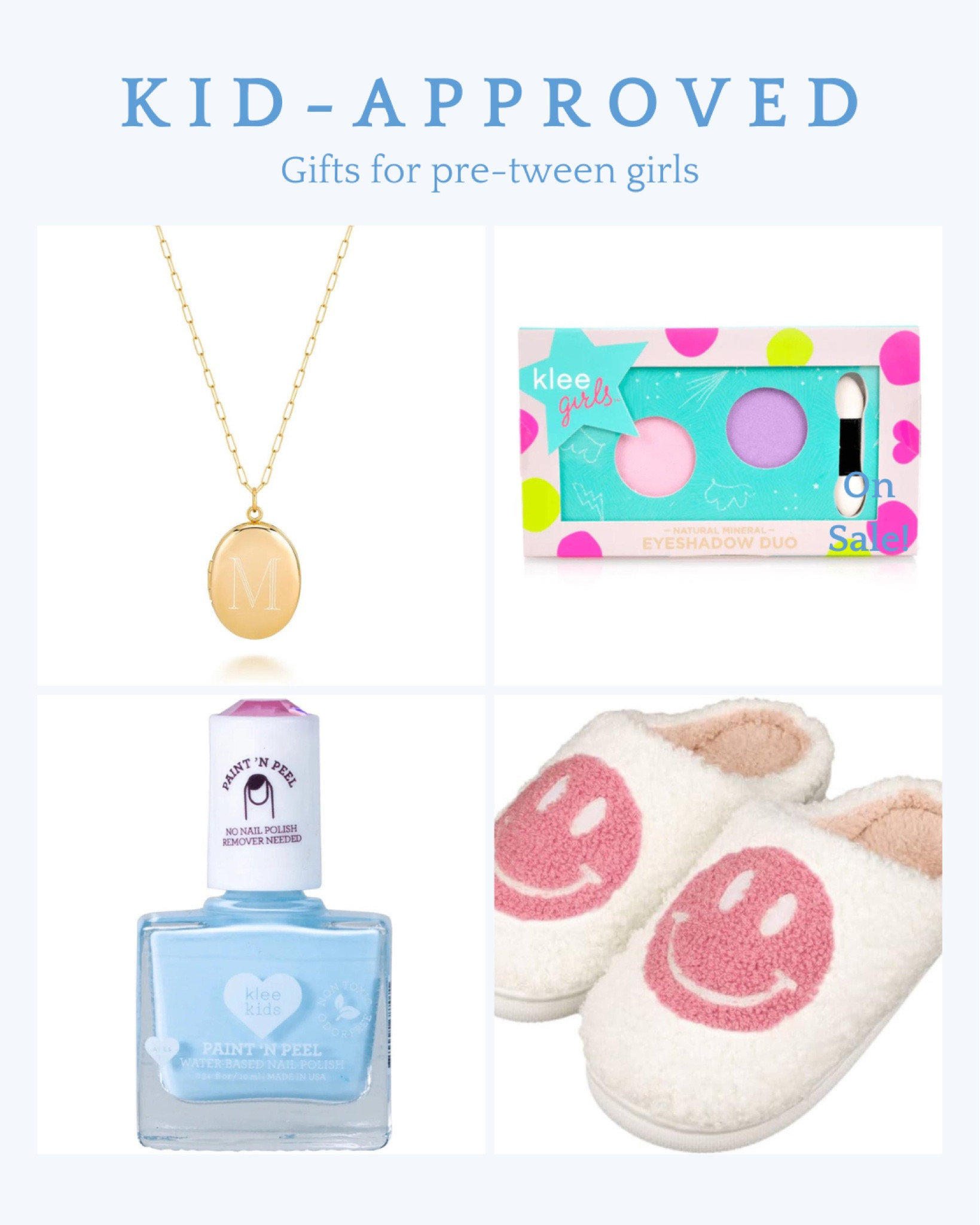 Kid-approved gifts for pre-tween girls. My almost tween daughter has been asking for these! A monogrammed necklace, water-based nail polish, non-toxic makeup, happy face slippers.

Gift guide for girls, Christmas gift ideas for big girls, tween girls gifts 

#LTKkids #LTKGiftGuide #LTKfindsunder50
