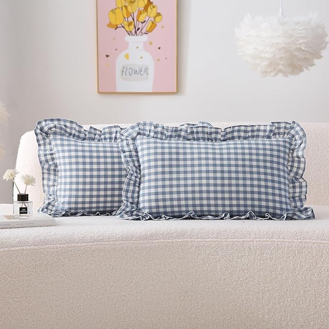 2 Pack Dust Blue Plaid Ruffle Gingham Lumbar Pillow Shams, 100% Yarn-Dyed Washed Cotton Checkered... | Amazon (US)