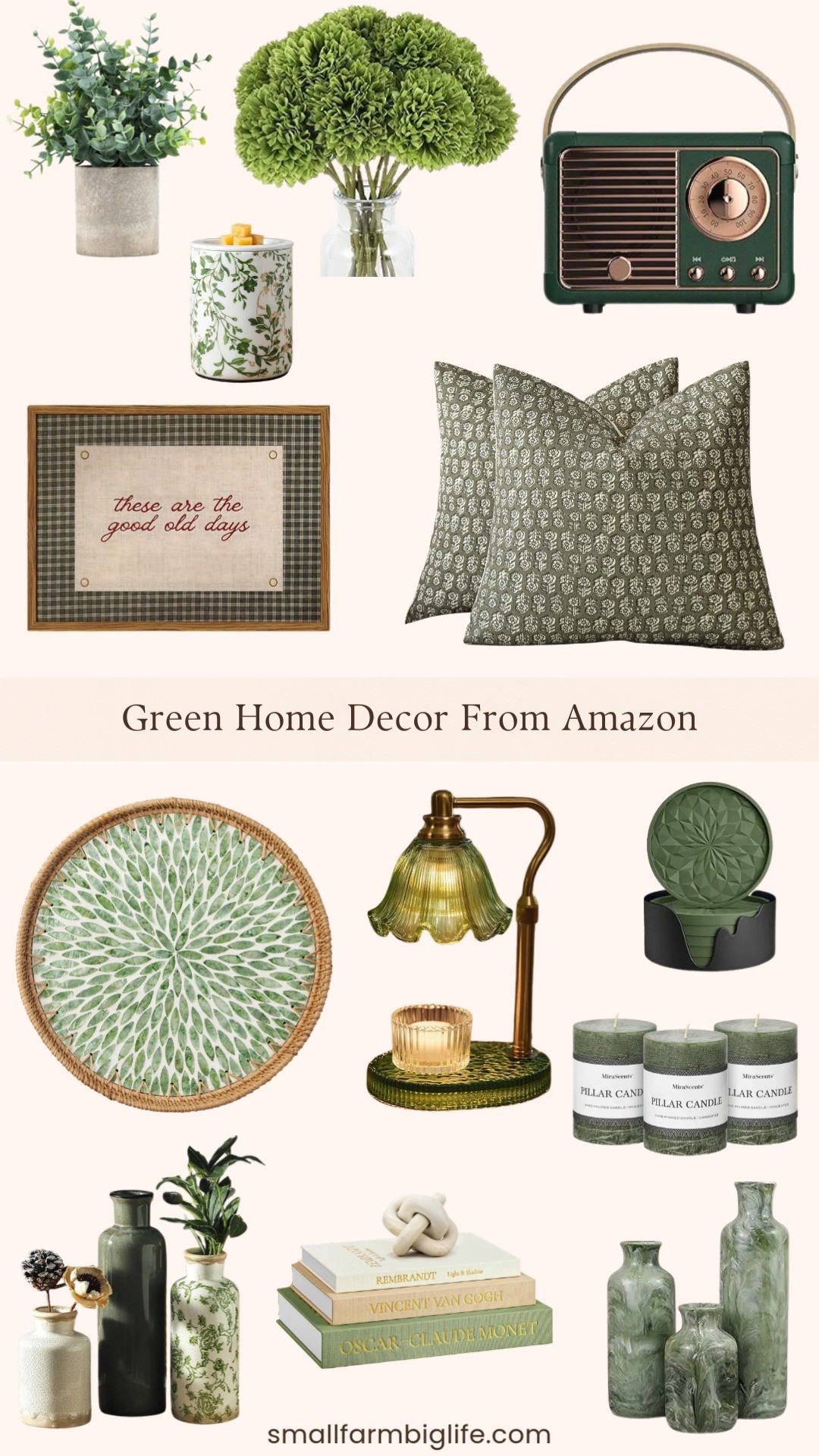 Green is having such a moment in home decor right now 🌿✨

From vintage floral pillow covers and marble look vases to moss green candles, faux florals, and the prettiest green glass candle warmer, these Amazon finds add the perfect soft pop of color. I love mixing in textured trays, decorative books, and a retro speaker for that cozy, layered, collected look 🤍 

 #LTKstorytime #LTKHome #LTKSaleAlert