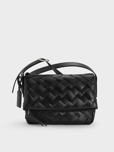 Noir Ivette Woven Front Flap Crossbody Bag | CHARLES & KEITH UK | Charles & Keith UK