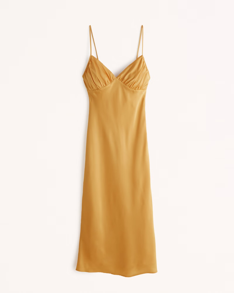 Ruched Satin Slip Midi Dress | Abercrombie & Fitch (US)