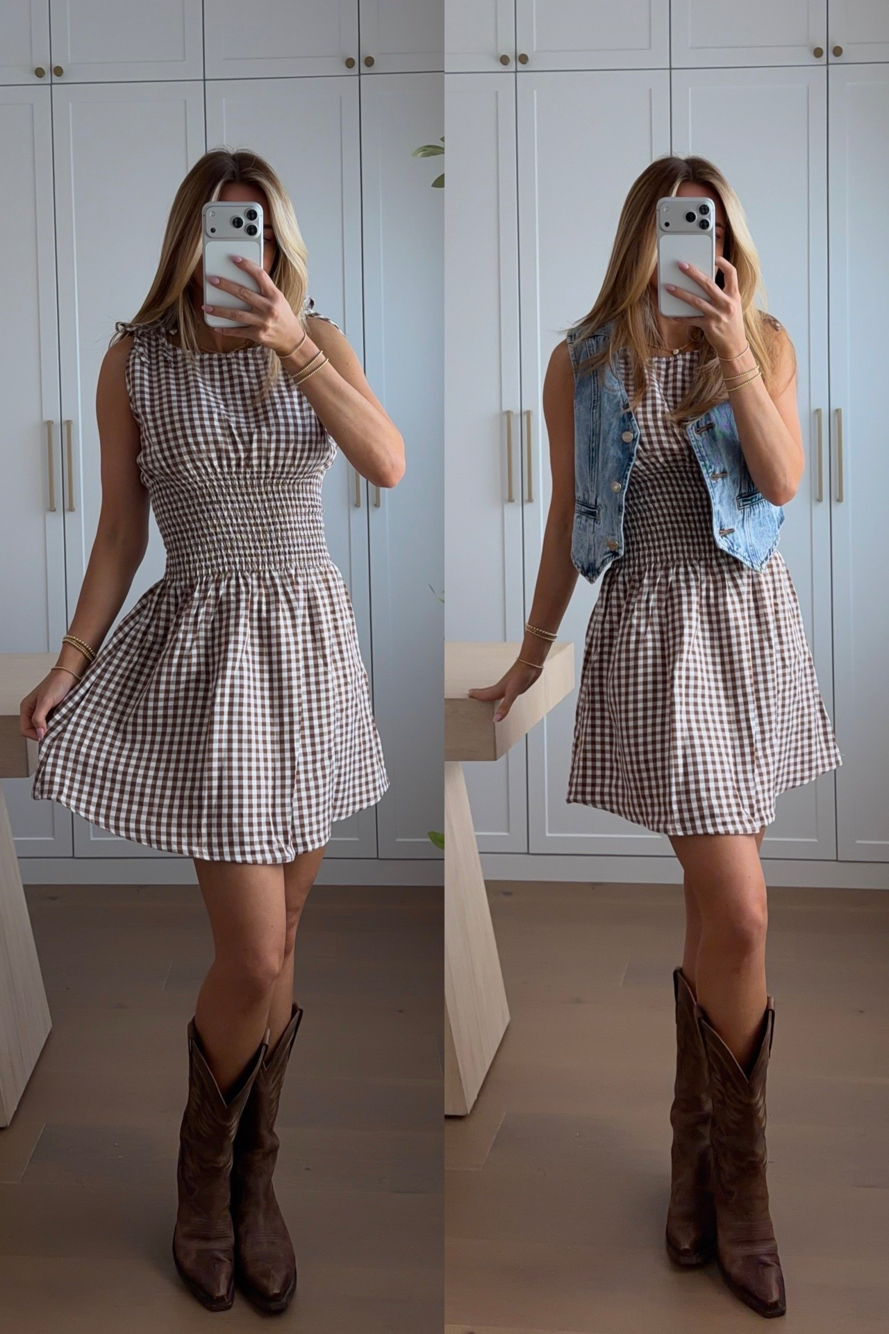 dress: small // vest: xs — love this amazon gingham dress! perfect for fall while it’s still hot.