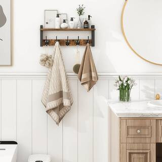 17.1 in. Rustic Brown Black Wall-Mounted Coat Rack with Shelf and 5 Metal Hooks for Entryway, Bathroom, Bedroom Storage | The Home Depot
