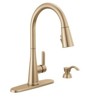 Greydon Gold Single Handle Pull-Down Sprayer Kitchen Faucet with Shield Spray and Soap Dispenser in Champagne Bronze | The Home Depot