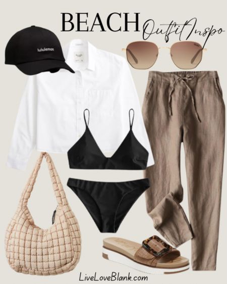 Beach outfit inspo
Spring break outfit idea
Casual pool day outfit 
#ltku
Black bikini free people bag linen pants Sam Edelman sandals lululemon hat Abercrombie crop top



#LTKtravel #LTKswim #LTKover40