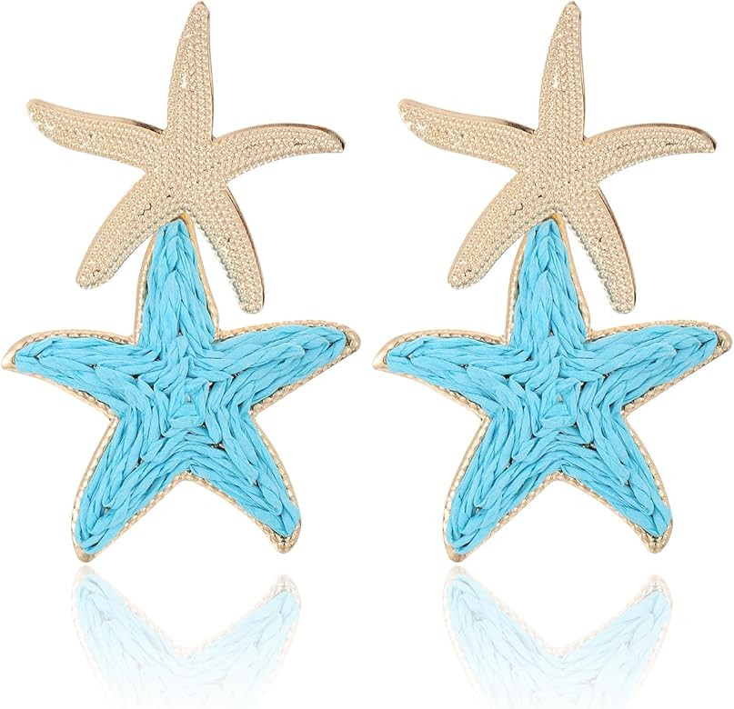 Raffia Starfish Earrings, Raffia Straw Wrapped Starfish Drop Dangle Earrings Summer Tropical Beac... | Amazon (US)