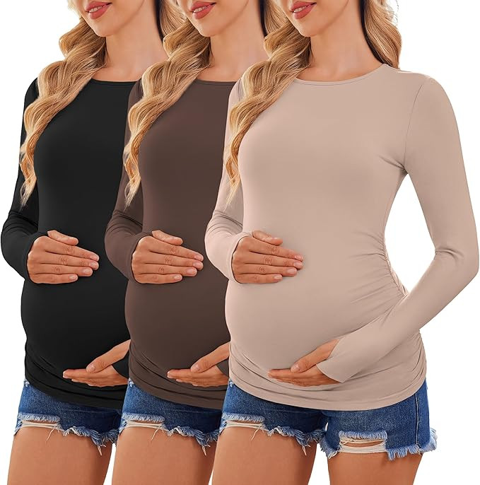 Ekouaer Womens 3 Pack Long Sleeve Maternity Shirts Crew Neck Pregnancy Clothes Side Ruched Workou... | Amazon (US)
