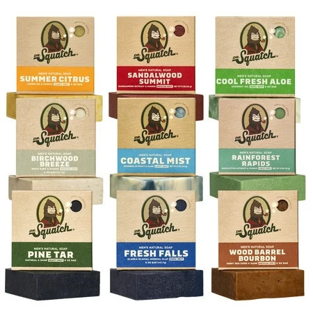 Dr. Squatch Bar Soap for Men - Cold Process, No Harsh Chemicals - Fresh Falls, Wood Barrel Bourbon, Birchwood Breeze, Cool Fresh Aloe, and more (5 oz, 9 Pack) | Walmart (US)