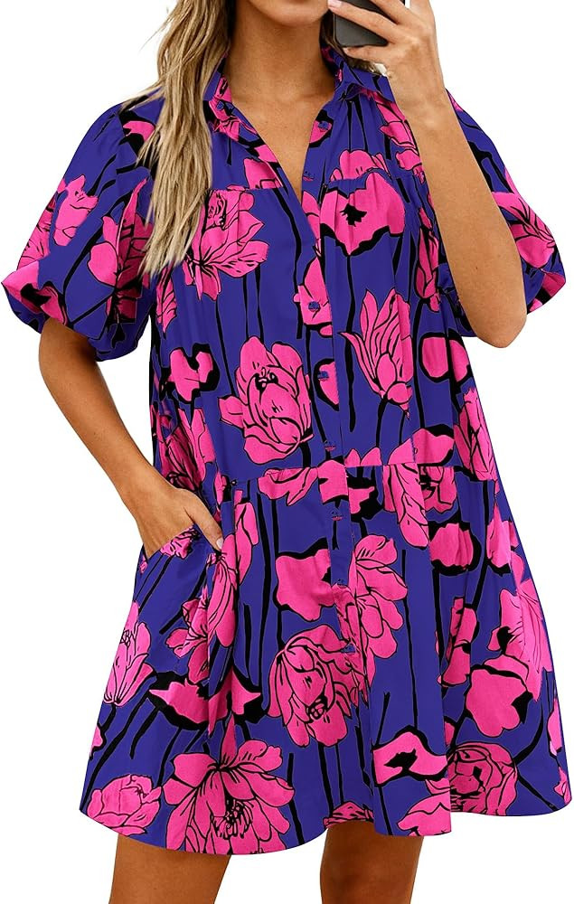 PRETTYGARDEN Womens Summer Dresses 2026 Casual Puff Sleeve Button Down Mini Shirt Dress Boho Flor... | Amazon (US)