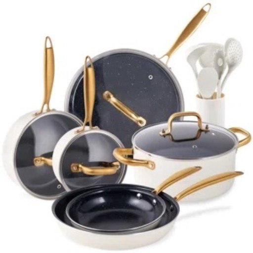 Only $89.99 for this 15-piece ceramic nonstick cookware set from Wayfair. I love the crisp white finish, dark nonstick interiors, and gold-tone handles for such a pretty kitchen upgrade. The set includes multiple frying pans, saucepans, a larger lidded pot, glass lids, and cooking utensils, and it’s oven-safe too. It’s currently part of Wayfair’s Doorbuster Deals and marked 43% off. #WayfairFinds

#LTKHome #LTKSaleAlert