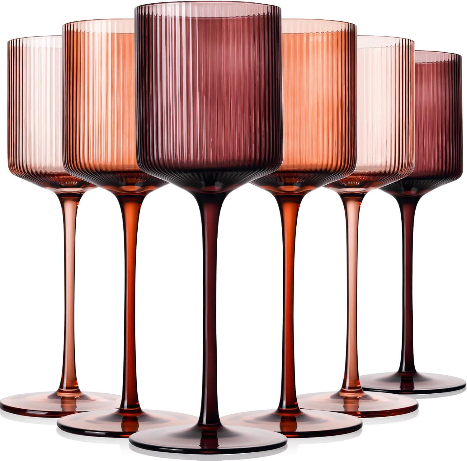 Melanin Colored Square Wine Glasses Set of 6,Elegant Ribbed Design Amber Glassware with Long Stem,11.5oz Red & White Wine Stemware For Home Dinner Party Housewarming Gift | Amazon (US)