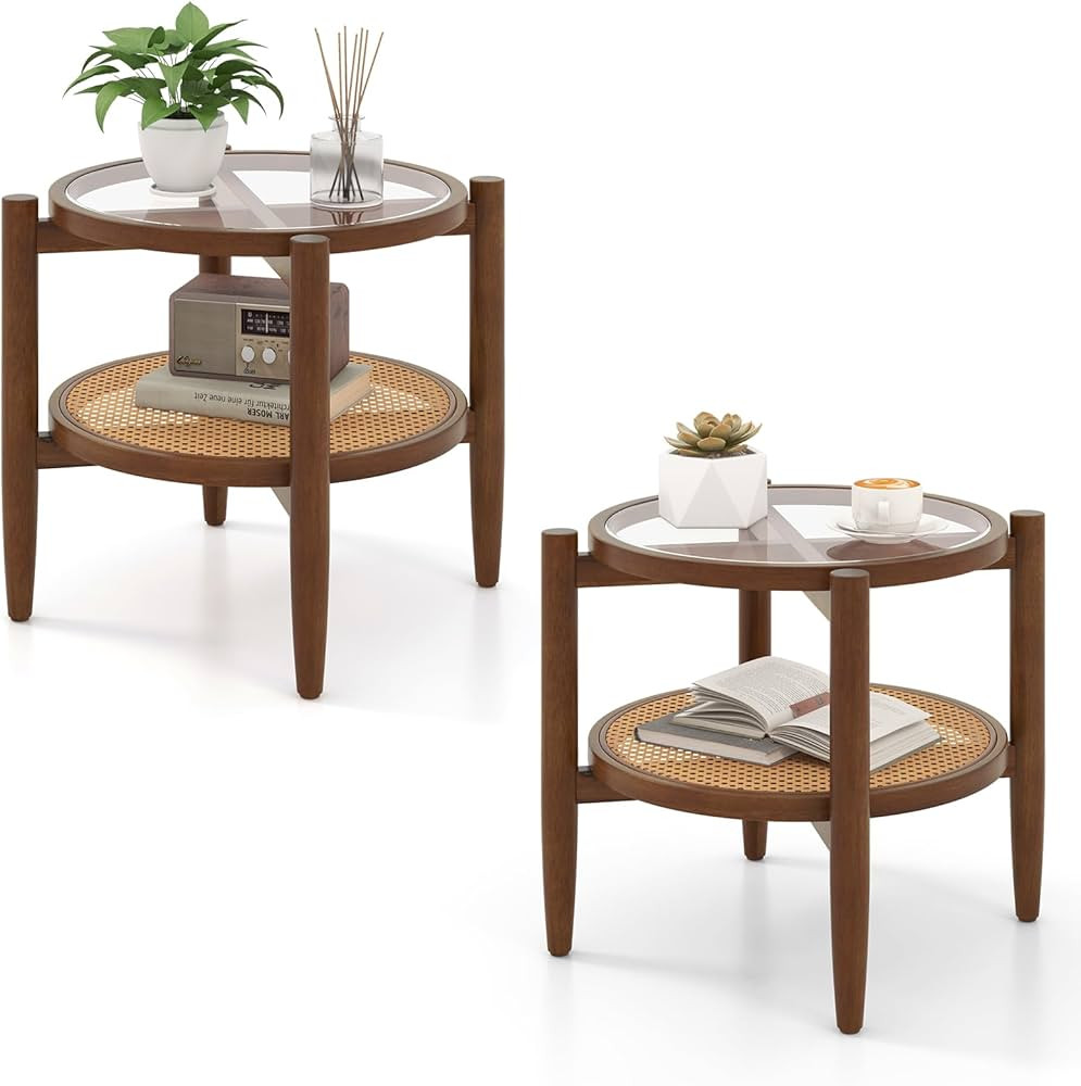 Giantex Rattan Round End Table Set of 2, Walnut Boho Nightstand with Tempered Glass Top and Acaci... | Amazon (US)