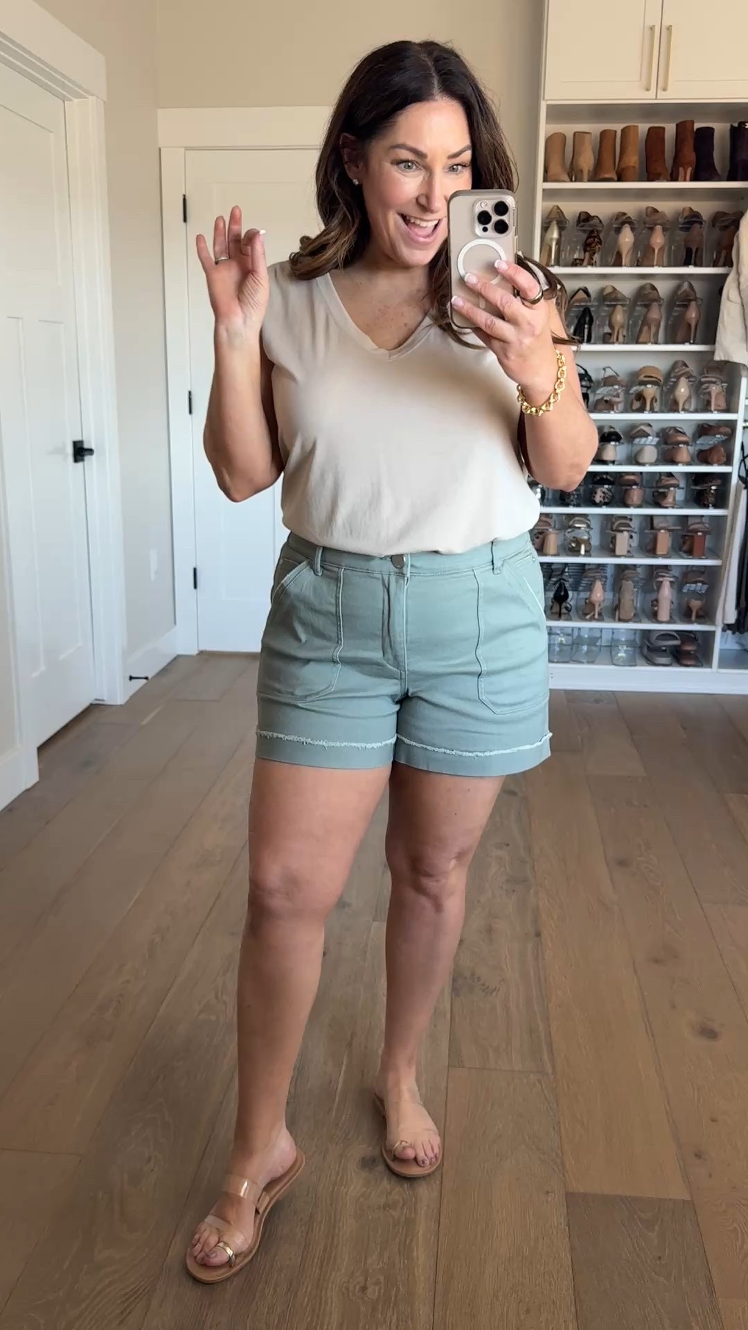 Spring shorts outfit with 4.5” inseam sage shorts and a comfy neutral tee. #springoutfitideas #casualstyle Wearing top in L, shorts in 14

#LTKMidsize #LTKSeasonal #LTKWatchNow