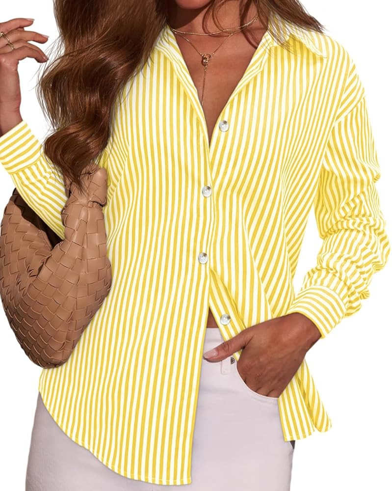OMSJ Women's Striped Button Down Shirts Casual Long Sleeve Stylish Collared Classic Office Work B... | Amazon (US)