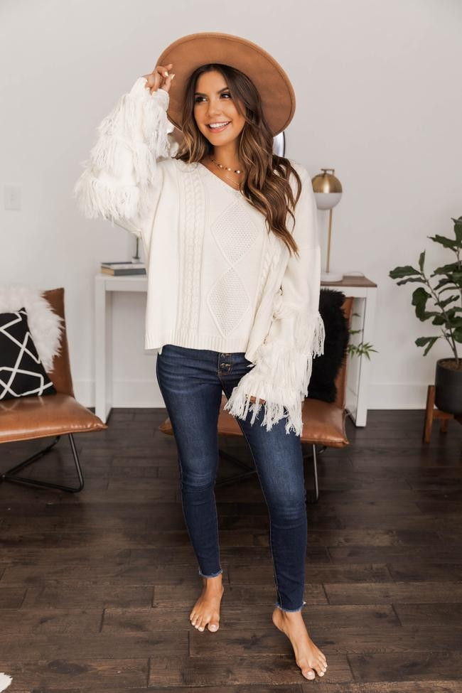 By The Firelight Ivory Fringe Sweater FINAL SALE | The Pink Lily Boutique