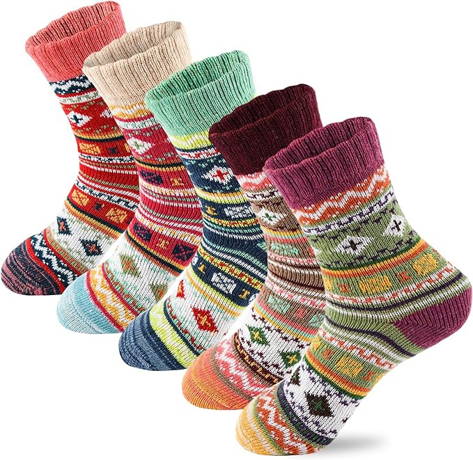 LKV 5 Pairs Wool Socks for Women - Cute Fuzzy Warm Colorful Crew Socks for Women Winter Christmas... | Amazon (US)