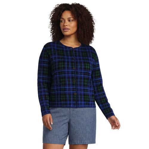 Women's Plus Size Fine Gauge Cotton Jacquard Blazer Sweater - Lands' End - Blue - 3X | Lands' End (US)