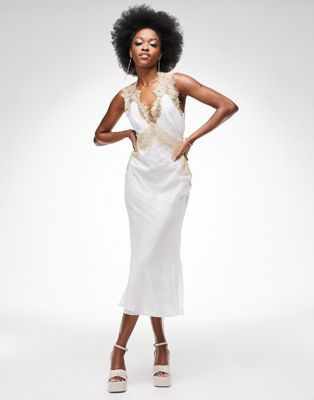 ASOS DESIGN soft slip midi dress with contrast lace and tie back detail in white | ASOS (Global)