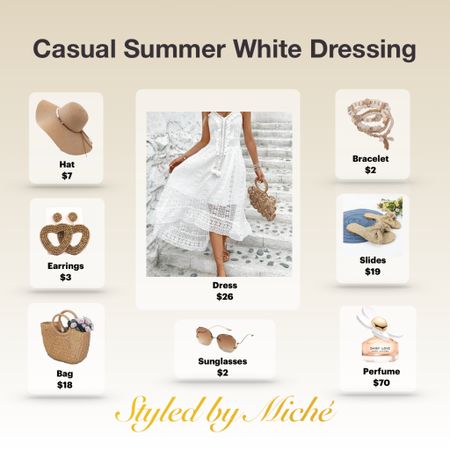 Casual Summer Dressing 

#hat #accessories #earrings #casual #boho #bohemian # bag #straw #perfume #bracelets #dress #white #sunglasses #oversized #slides #over30fashion 
#over40fashion #over50fashion 

#LTKitbag #LTKshoecrush #LTKSeasonal