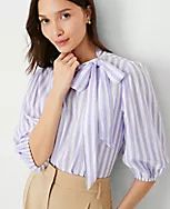 Petite Striped Bow Puff Sleeve Blouse | Ann Taylor (US)