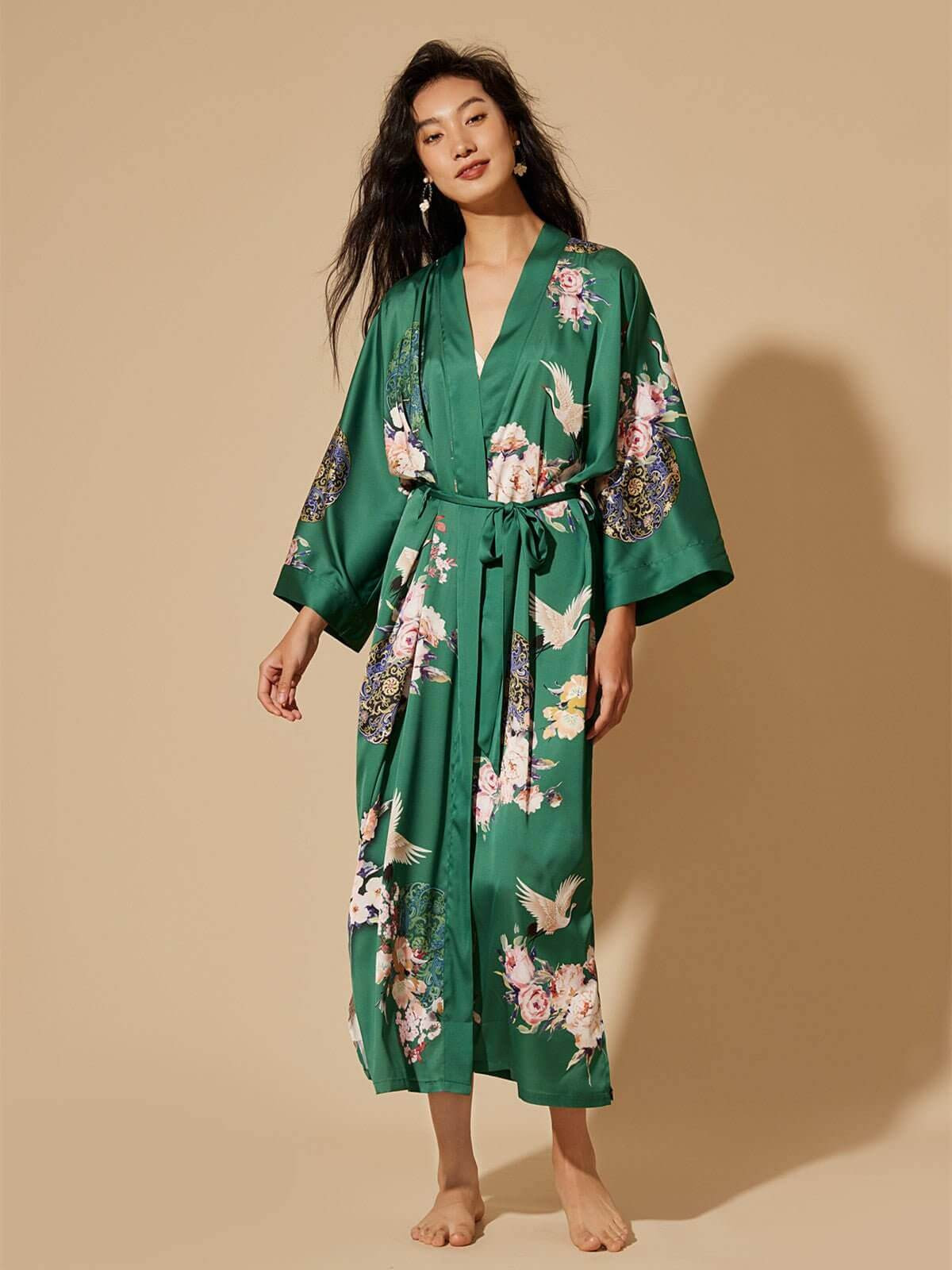 Garden Crane Green Kimono Robe | ulivary