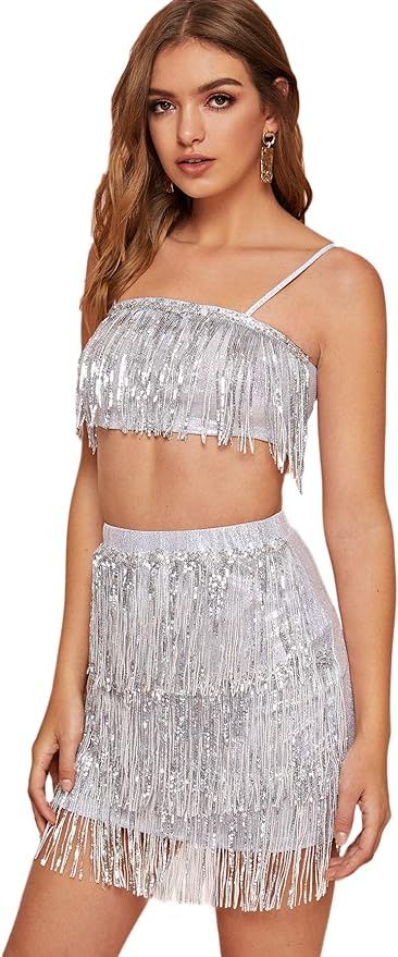 SOLY HUX Women's Spaghetti Strap Fringe Cami Crop Top with Skirt Set | Amazon (US)