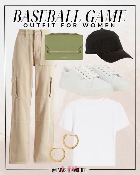 Elevate your game day style with this effortlessly cool outfit! Pair trendy cargo pants with a cute crop t-shirt for a laid-back vibe. Add hoop earrings, a baseball cap, and a crossbody bag for practical flair. Finish with comfy sneakers for all-day comfort and on-the-go chicness. Game on!

#LTKstyletip #LTKSeasonal